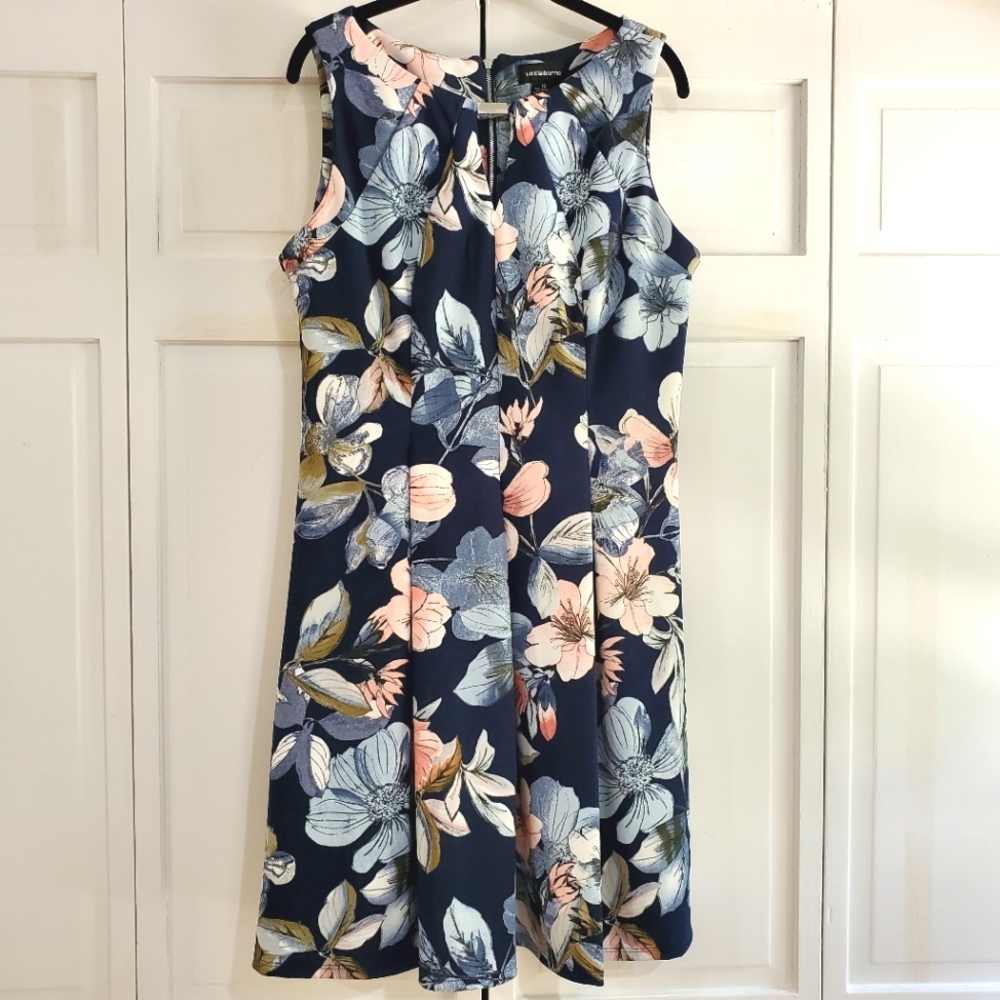 NEW Liz Claiborne Navy Pink Floral Dress Sleeveless Pleated A-Line Sheath